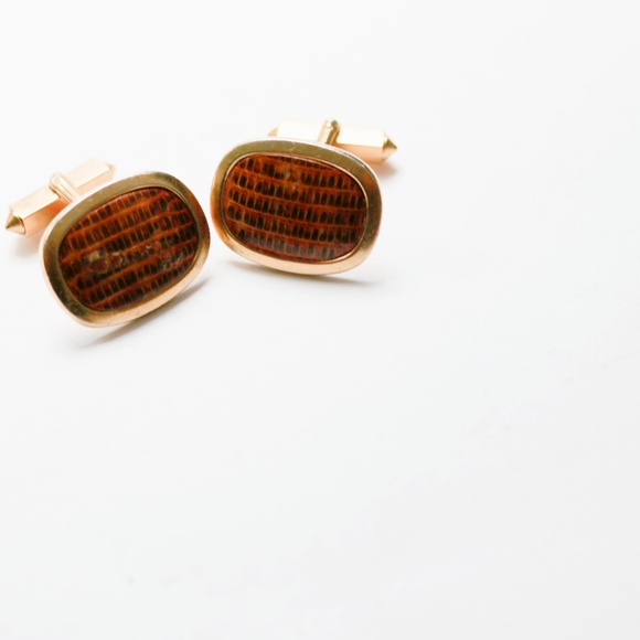 Vintage Swank Brown Croc Leather Gold Tone Cufflinks Classy Mens Jewelry - Picture 1 of 2